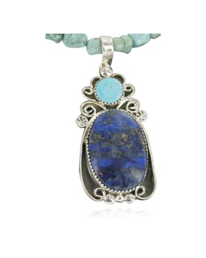 Handmade Certified Authentic Navajo .925 Sterling Silver Natural Lapis and Turquoise Native American Necklace 390677878198