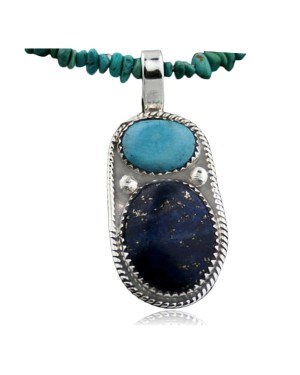 Handmade Certified Authentic Navajo .925 Sterling Silver Natural LAPIS and Turquoise Native American Necklace & Pendant 370881781300
