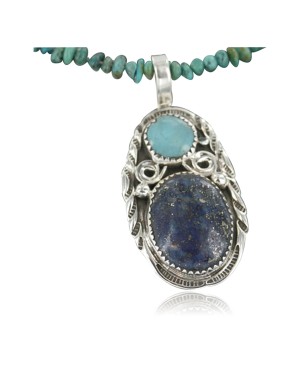 Handmade Certified Authentic Navajo .925 Sterling Silver Natural Lapis and Turquoise Native American Necklace & Pendant 370897223728