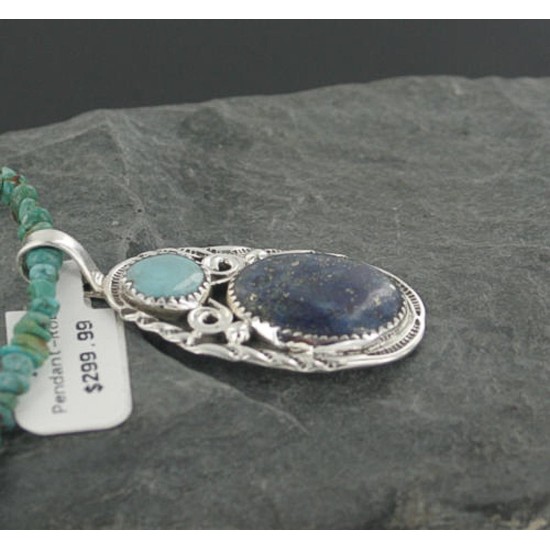 Handmade Certified Authentic Navajo .925 Sterling Silver Natural Lapis and Turquoise Native American Necklace & Pendant 370897223728