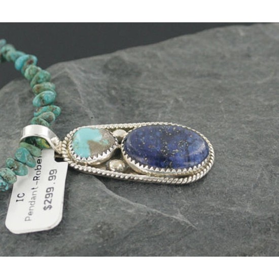 Handmade Certified Authentic Navajo .925 Sterling Silver Natural Lapis and Turquoise Native American Necklace & Pendant 370897802831