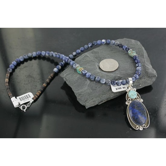 Handmade Certified Authentic Navajo .925 Sterling Silver Natural Lapis and Turquoise Native American Necklace & Pendant 370923364488