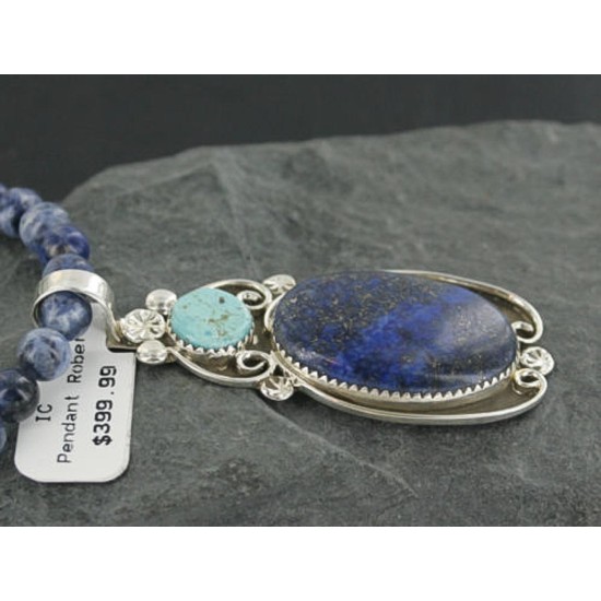 Handmade Certified Authentic Navajo .925 Sterling Silver Natural Lapis and Turquoise Native American Necklace & Pendant 370923364488