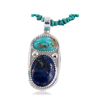 Handmade Certified Authentic Navajo .925 Sterling Silver Natural Lapis and Turquoise Native American Necklace & Pendant 390651297460