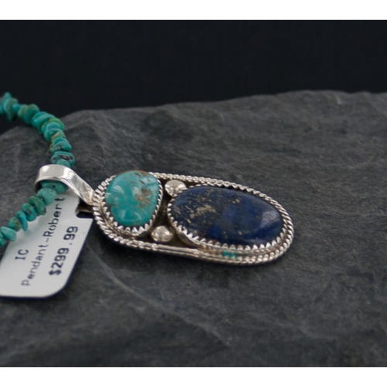 Handmade Certified Authentic Navajo .925 Sterling Silver Natural Lapis and Turquoise Native American Necklace & Pendant 390651297460