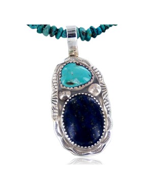 Handmade Certified Authentic Navajo .925 Sterling Silver Natural Lapis and Turquoise Native American Necklace & Pendant 390655310509