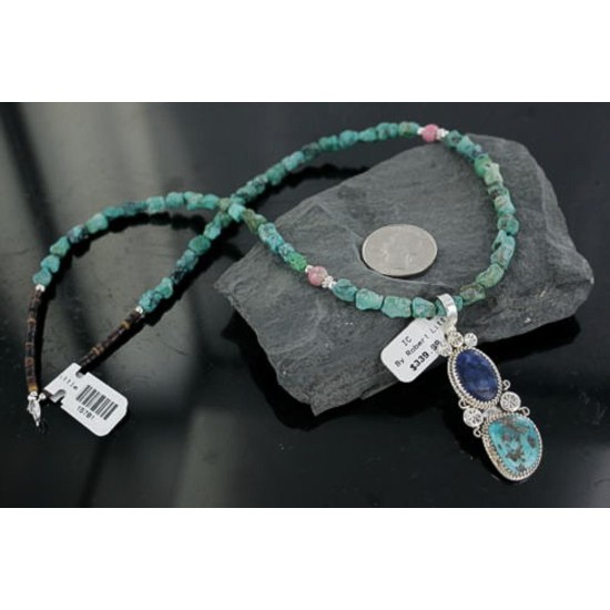 Handmade Certified Authentic Navajo .925 Sterling Silver Natural Lapis, Pink Japer and Turquoise Native American Necklace & Pendant 370913551639