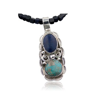 Handmade Certified Authentic Navajo .925 Sterling Silver Natural Lapis, Purple Goldstone and Turquoise Native American Necklace & Pendant 390644448678