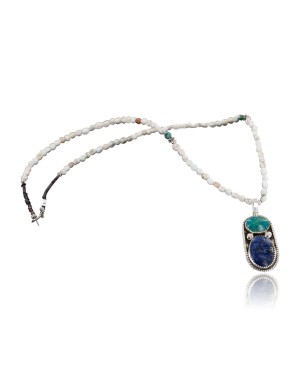 Handmade Certified Authentic Navajo .925 Sterling Silver Natural Lapis, Turquoise and White Howlite Native American Necklace & Pendant 390688899331