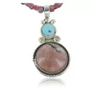 Handmade Navajo .925 Sterling Silver Natural Pink Jasper and Turquoise Native American Necklace & Pendant 370918957954