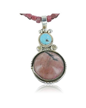 Handmade Certified Authentic Navajo .925 Sterling Silver Natural Pink Jasper and Turquoise Native American Necklace & Pendant 370918957954