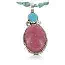 Handmade Navajo .925 Sterling Silver Turquoise and Pink Jasper Necklace Pendant 12554-9-15851-7