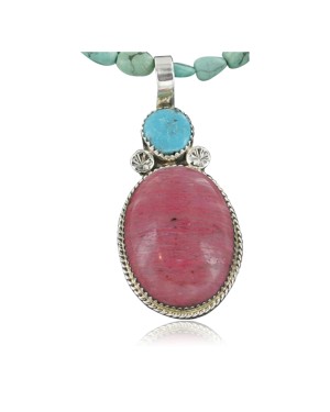 Handmade Certified Authentic Navajo .925 Sterling Silver Natural Pink Jasper and Turquoise Native American Necklace & Pendant 390674164509