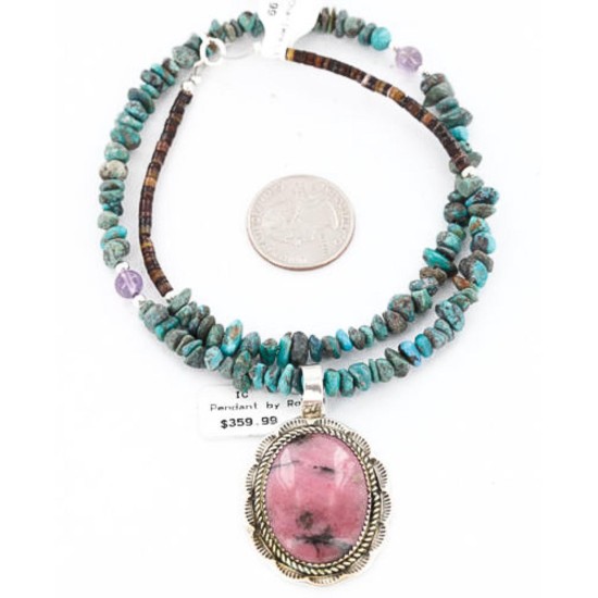 Handmade Certified Authentic Navajo .925 Sterling Silver Natural Pink Jasper and Turquoise Native American Necklace & Pendant 390829334023