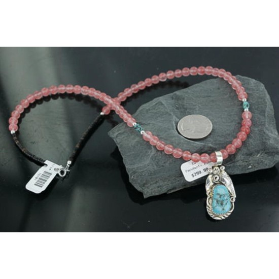 Handmade Certified Authentic Navajo .925 Sterling Silver Natural Pink Quartz & Turquoise Native American Necklace & Leaf Pendant 390670606590