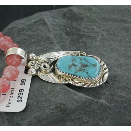 Handmade Certified Authentic Navajo .925 Sterling Silver Natural Pink Quartz & Turquoise Native American Necklace & Leaf Pendant 390670606590