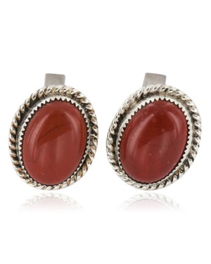 Handmade Certified Authentic Navajo .925 Sterling Silver Natural Red Jasper Native American Cuff Links 19128-1