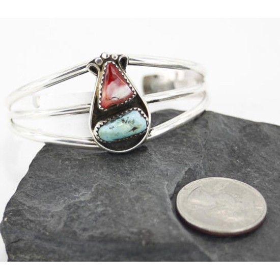 Handmade Certified Authentic Navajo .925 Sterling Silver Natural Spiny Oyster and Turquoise Native American Bracelet 390717635517