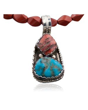 Handmade Certified Authentic Navajo .925 Sterling Silver Natural Spiny Oyster and Turquoise Native American Necklace 370875990627