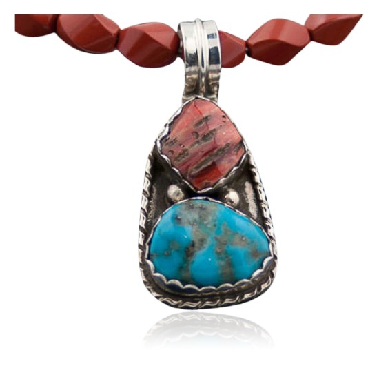 Handmade Certified Authentic Navajo .925 Sterling Silver Natural Spiny Oyster and Turquoise Native American Necklace 370875990627