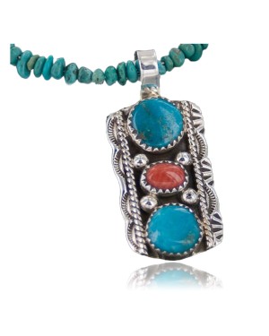 Handmade Certified Authentic Navajo .925 Sterling Silver Natural Spiny Oyster and Turquoise Native American Necklace 370888410381