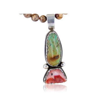 Handmade Certified Authentic Navajo .925 Sterling Silver Natural Spiny Oyster and Turquoise Native American Necklace 370893096224