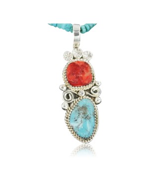Handmade Certified Authentic Navajo .925 Sterling Silver Natural Spiny Oyster and Turquoise Native American Necklace 370910321552