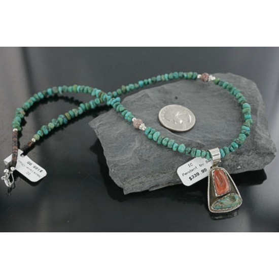 Handmade Certified Authentic Navajo .925 Sterling Silver Natural Spiny Oyster and Turquoise Native American Necklace 370922699027