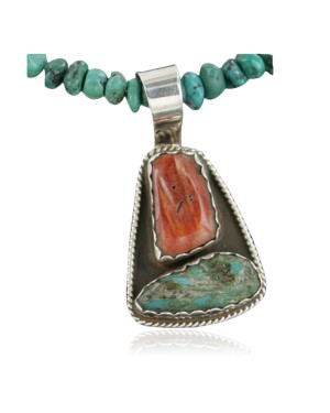 Handmade Certified Authentic Navajo .925 Sterling Silver Natural Spiny Oyster and Turquoise Native American Necklace 370922699027