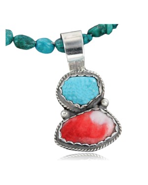 Handmade Certified Authentic Navajo .925 Sterling Silver Natural Spiny Oyster and Turquoise Native American Necklace 370923019462