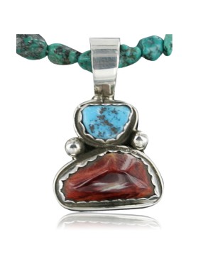 Handmade Certified Authentic Navajo .925 Sterling Silver Natural Spiny Oyster and Turquoise Native American Necklace 370954349477
