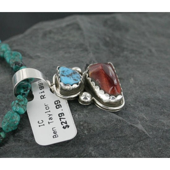 Handmade Certified Authentic Navajo .925 Sterling Silver Natural Spiny Oyster and Turquoise Native American Necklace 370954349477