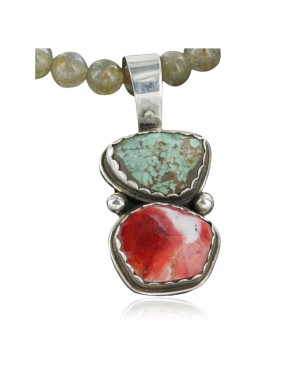 Handmade Certified Authentic Navajo .925 Sterling Silver Natural Spiny Oyster and Turquoise Native American Necklace 370955647393