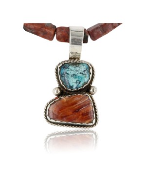 Handmade Certified Authentic Navajo .925 Sterling Silver Natural Spiny Oyster and Turquoise Native American Necklace 370959768947