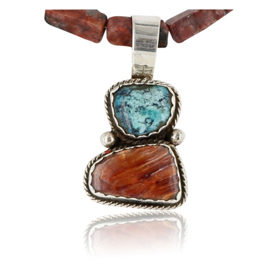 Handmade Certified Authentic Navajo .925 Sterling Silver Natural Spiny Oyster and Turquoise Native American Necklace 370959768947