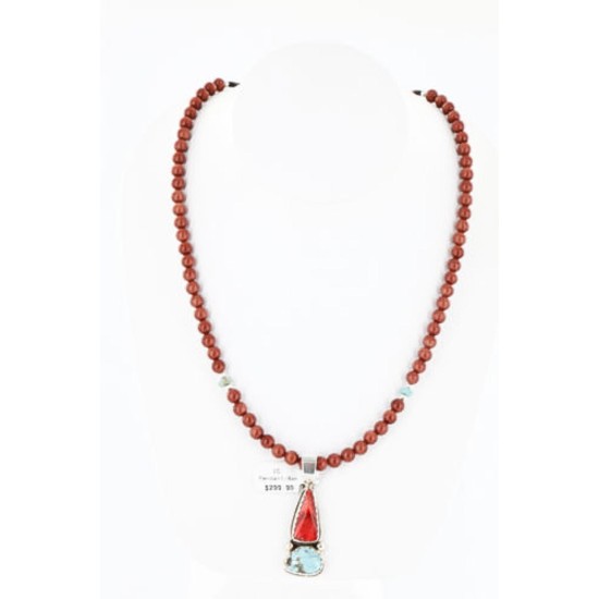 Handmade Certified Authentic Navajo .925 Sterling Silver Natural Spiny Oyster and Turquoise Native American Necklace 370993051520