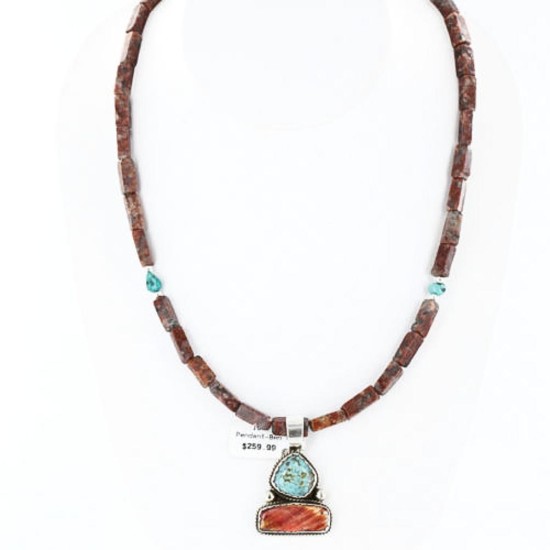 Handmade Certified Authentic Navajo .925 Sterling Silver Natural Spiny Oyster and Turquoise Native American Necklace 370994326643