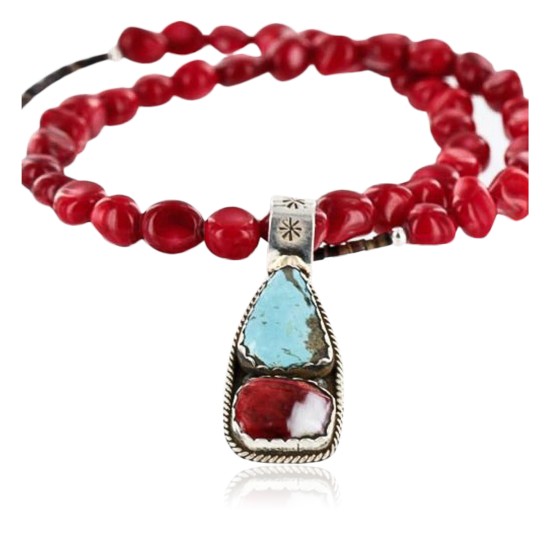Handmade Certified Authentic Navajo .925 Sterling Silver Natural Spiny Oyster and Turquoise Native American Necklace 370998487541