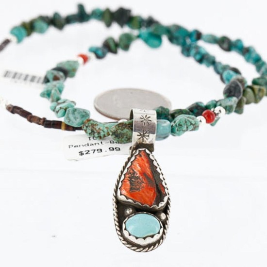 Handmade Certified Authentic Navajo .925 Sterling Silver Natural Spiny Oyster and Turquoise Native American Necklace 370998544885