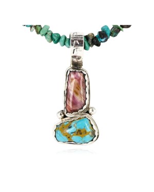 Handmade Certified Authentic Navajo .925 Sterling Silver Natural Spiny Oyster and Turquoise Native American Necklace 371050055446