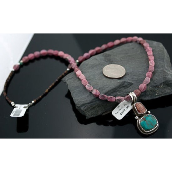 Handmade Certified Authentic Navajo .925 Sterling Silver Natural Spiny Oyster and Turquoise Native American Necklace 390645520524