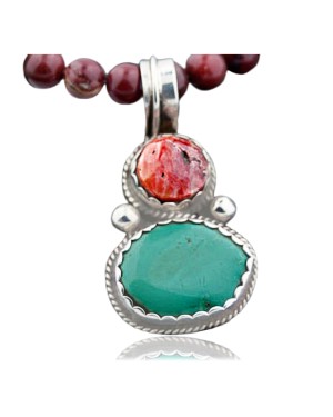 Handmade Certified Authentic Navajo .925 Sterling Silver Natural Spiny Oyster and Turquoise Native American Necklace 390646955334