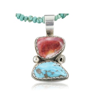 Handmade Certified Authentic Navajo .925 Sterling Silver Natural Spiny Oyster and Turquoise Native American Necklace 390667467065