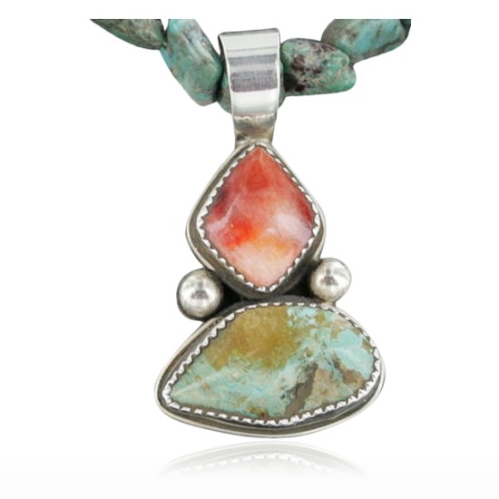 Handmade Certified Authentic Navajo .925 Sterling Silver Natural Spiny Oyster and Turquoise Native American Necklace 390668263284
