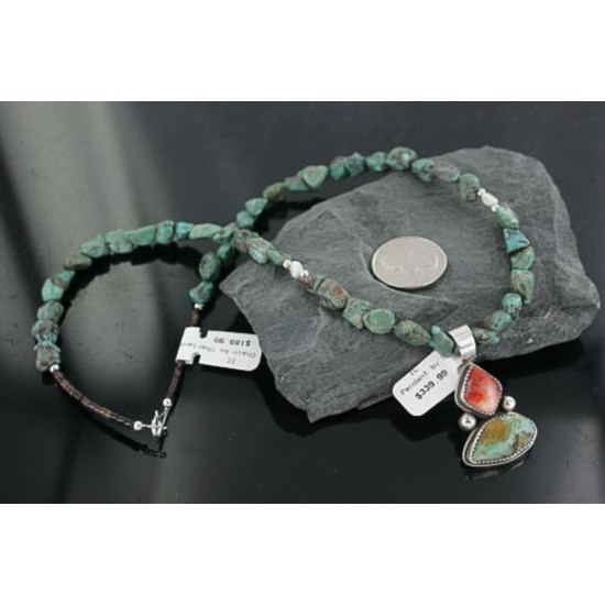 Handmade Certified Authentic Navajo .925 Sterling Silver Natural Spiny Oyster and Turquoise Native American Necklace 390668263284