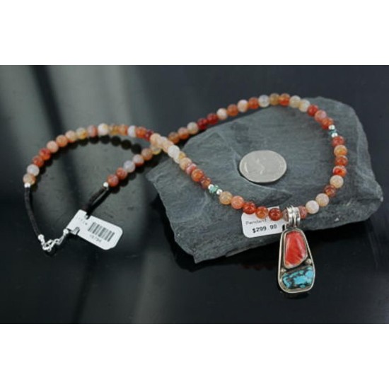Handmade Certified Authentic Navajo .925 Sterling Silver Natural Spiny Oyster and Turquoise Native American Necklace 390671275377