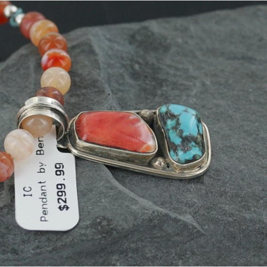 Handmade Certified Authentic Navajo .925 Sterling Silver Natural Spiny Oyster and Turquoise Native American Necklace 390671275377