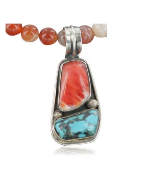 Handmade Certified Authentic Navajo .925 Sterling Silver Natural Spiny Oyster and Turquoise Native American Necklace 390671275377