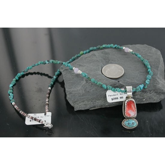 Handmade Certified Authentic Navajo .925 Sterling Silver Natural Spiny Oyster and Turquoise Native American Necklace 390682457096