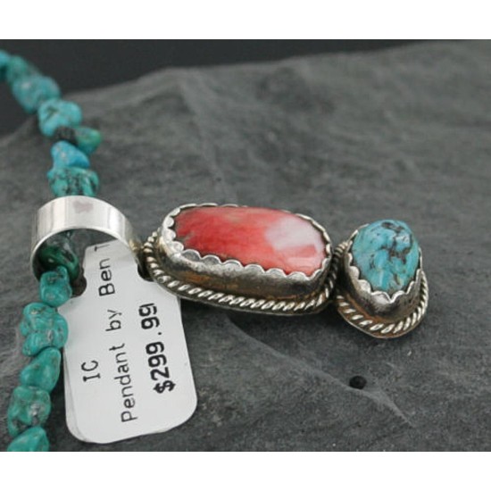 Handmade Certified Authentic Navajo .925 Sterling Silver Natural Spiny Oyster and Turquoise Native American Necklace 390682457096